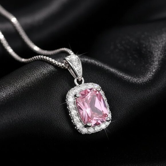 2.5 Carat Simulated Pink Diamond CZ Halo Silver Pendant Necklace NWOT - Picture 4 of 7